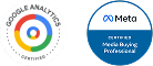 Google Analytics Certified and Meta Certified Media Buying Professional badges